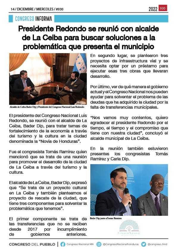 Presidente Redondo se reunió con alcalde de La Ceiba para buscar soluciones a la problemática que presenta el municipio